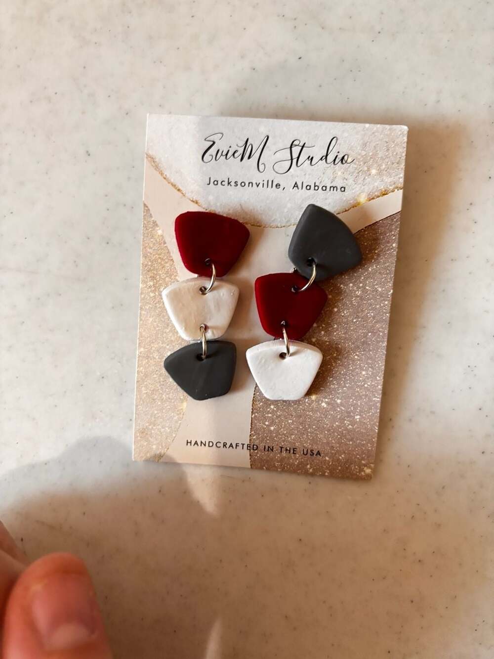 EvieM Studio Handcrafted Polymer Clay Dangly Earrings Red White Gray